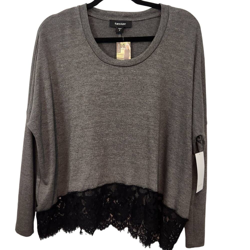 NWT Karen Kane Women's Oversized Gray Sweater with Black Lace Hemline Tunic S